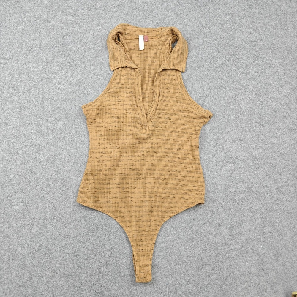 Pilcro Bodysuit Womens Large Beige Ribbed Knit Sleeveless Collared Thong Snap
